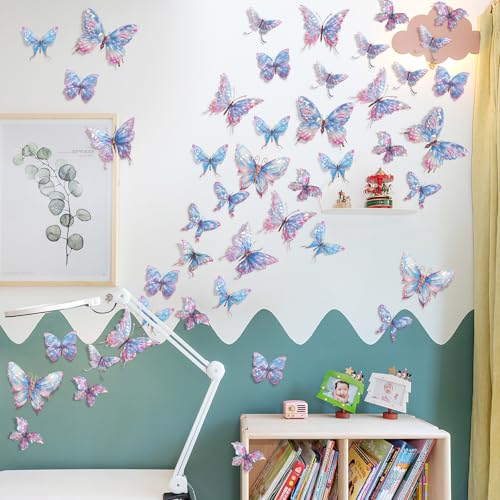 Buiory 3D Butterfly Wall Decor - 50PCS Removable PVC Butterflies Wall Stickers- Multi-Size (2.8"-3.9")- DIY Removable Wall Art Decal for Kids Room, Nursery, Bedroom, Classroom, Party Decoration (Colorful) - Image 5