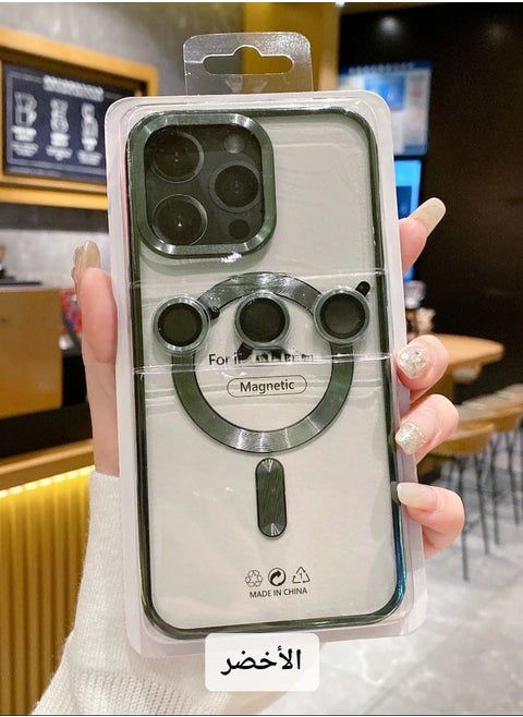 A high-quality case that supports charging the MagSafe in addition to camera lenses the same color as the case compatible with the iPhone 13 Pro Max green color