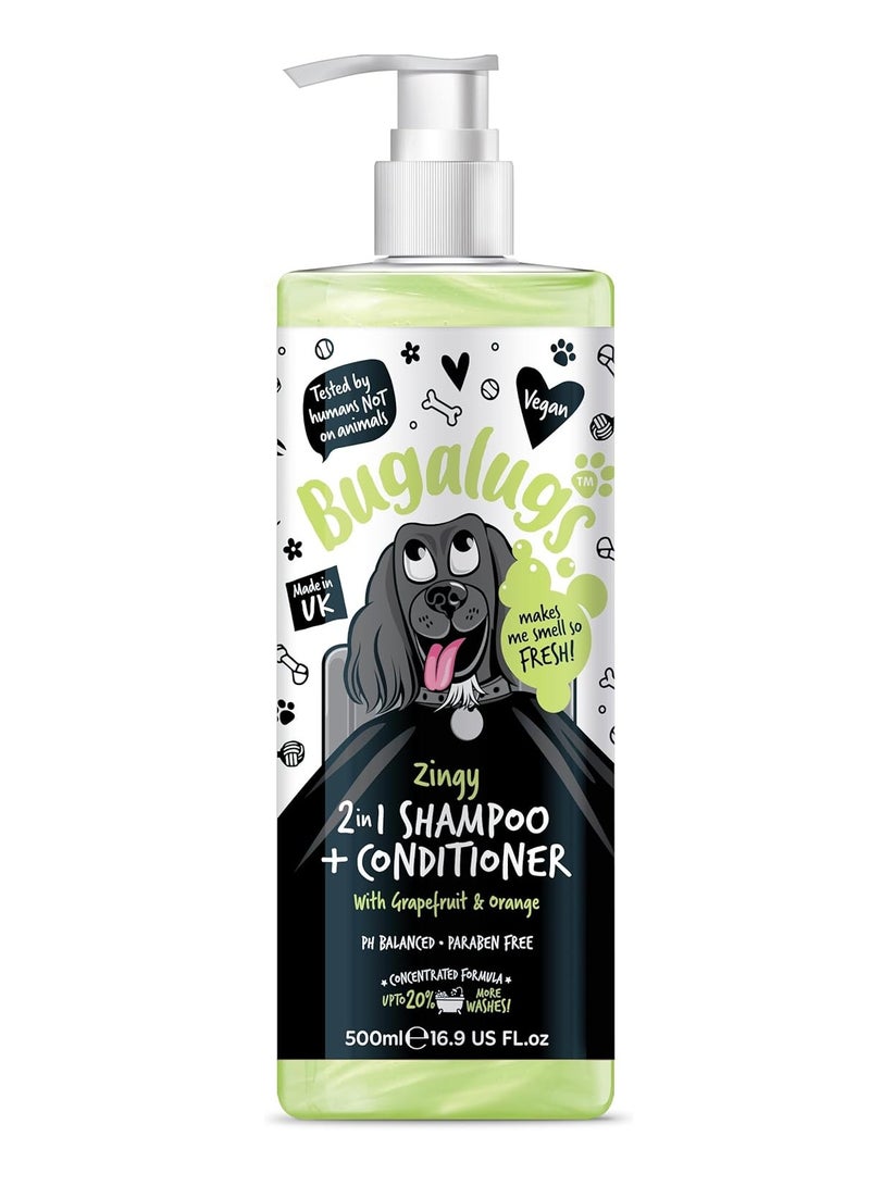 BUGALUGS Dog Shampoo and Conditioner Zingy 2 in 1 Grapefruit and Orange dog grooming shampoo products for smelly dogs with fragrance best puppy shampoo professional groom Vegan pet 500ml Shampoo - Image 1