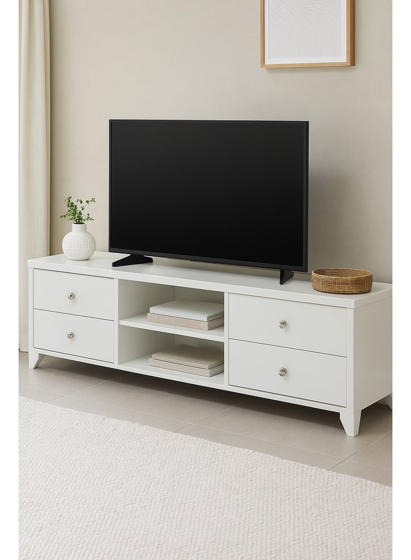 AFT Slim Minimalist Design TV Cabinet/-Table / Mid Century Modern Design TV Cabinet / Table / stand with Four Drawers and Sturdy MDF Frame, Perfect for Modern Living Rooms and Entertainment Spaces, Ideal for Home Theaters and Media Rooms, Offering Stylish Storage Solutions for TVs Up to 65 Inches. Rustic Farmhouse TV Cabinet with Four Drawer, Perfect for Adding Charm to Any Home Décor. Transform your living space with our MDF TV stand featuring four drawers and open shelves—where modern design meets practical functionality. Enjoy movie nights, gaming sessions, and family gatherings in style. (White) Arfan - Image 1