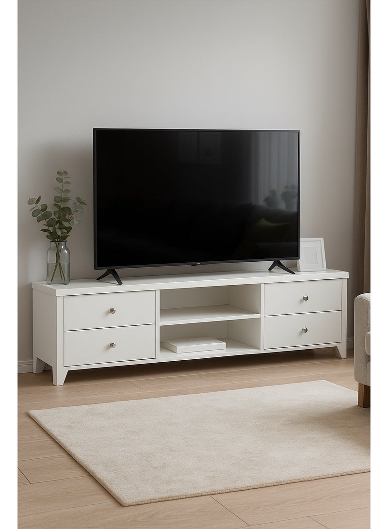 AFT Slim Minimalist Design TV Cabinet/-Table / Mid Century Modern Design TV Cabinet / Table / stand with Four Drawers and Sturdy MDF Frame, Perfect for Modern Living Rooms and Entertainment Spaces, Ideal for Home Theaters and Media Rooms, Offering Stylish Storage Solutions for TVs Up to 65 Inches. Rustic Farmhouse TV Cabinet with Four Drawer, Perfect for Adding Charm to Any Home Décor. Transform your living space with our MDF TV stand featuring four drawers and open shelves—where modern design meets practical functionality. Enjoy movie nights, gaming sessions, and family gatherings in style. (White) Arfan - Image 2