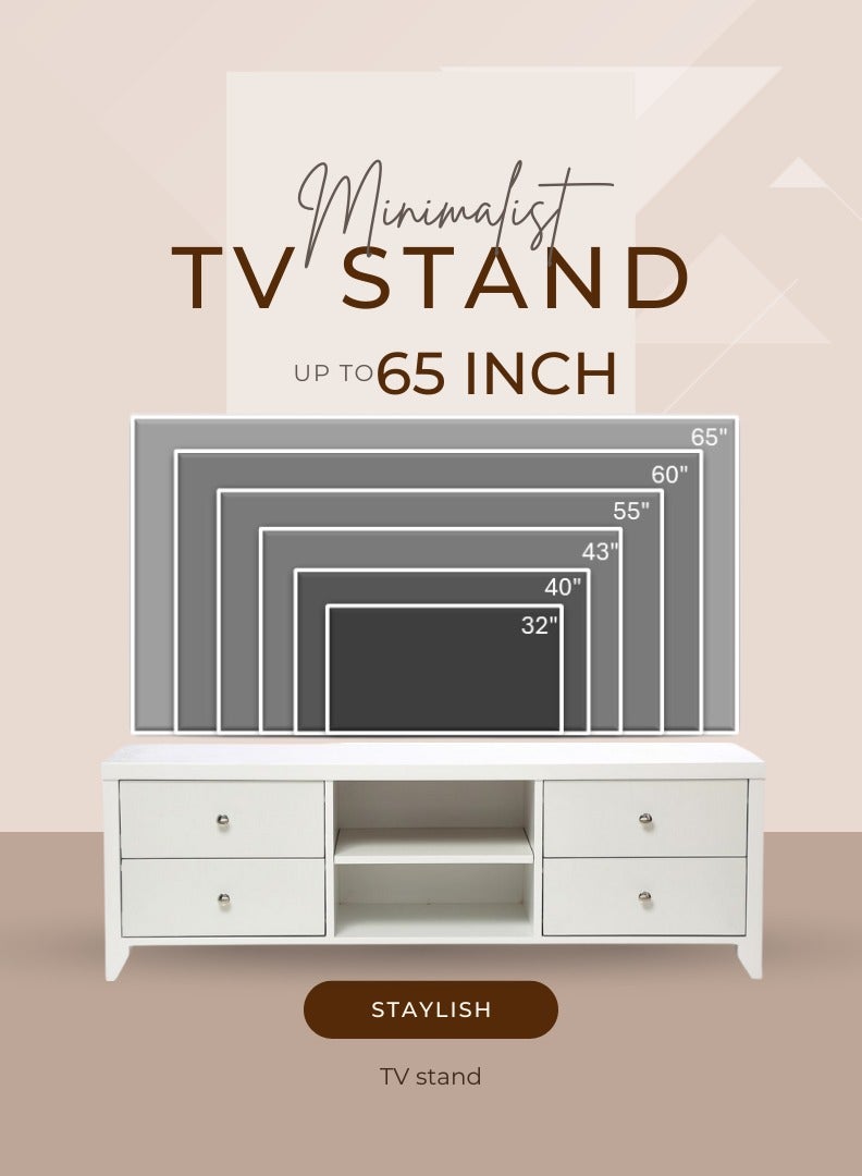 AFT Slim Minimalist Design TV Cabinet/-Table / Mid Century Modern Design TV Cabinet / Table / stand with Four Drawers and Sturdy MDF Frame, Perfect for Modern Living Rooms and Entertainment Spaces, Ideal for Home Theaters and Media Rooms, Offering Stylish Storage Solutions for TVs Up to 65 Inches. Rustic Farmhouse TV Cabinet with Four Drawer, Perfect for Adding Charm to Any Home Décor. Transform your living space with our MDF TV stand featuring four drawers and open shelves—where modern design meets practical functionality. Enjoy movie nights, gaming sessions, and family gatherings in style. (White) Arfan - Image 4