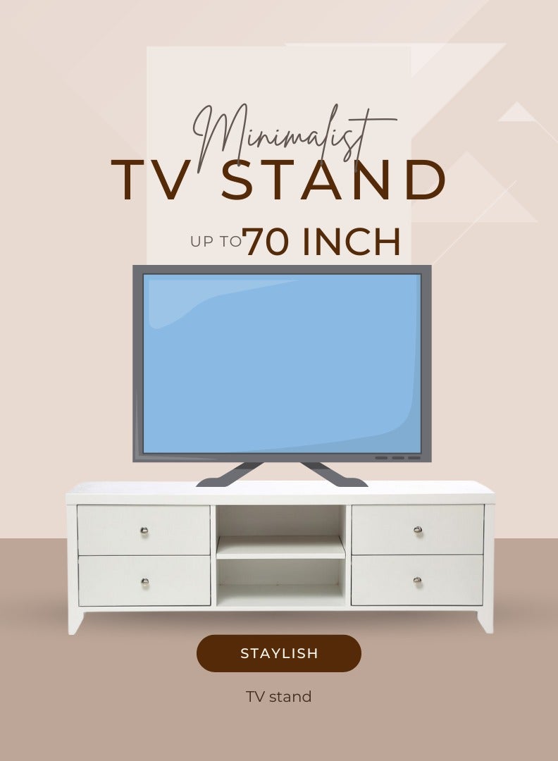 AFT Slim Minimalist Design TV Cabinet/-Table / Mid Century Modern Design TV Cabinet / Table / stand with Four Drawers and Sturdy MDF Frame, Perfect for Modern Living Rooms and Entertainment Spaces, Ideal for Home Theaters and Media Rooms, Offering Stylish Storage Solutions for TVs Up to 65 Inches. Rustic Farmhouse TV Cabinet with Four Drawer, Perfect for Adding Charm to Any Home Décor. Transform your living space with our MDF TV stand featuring four drawers and open shelves—where modern design meets practical functionality. Enjoy movie nights, gaming sessions, and family gatherings in style. (White) Arfan - Image 3