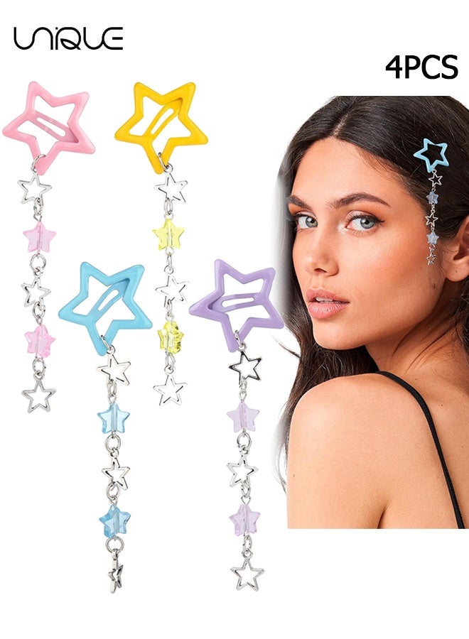 Unique 4 Pcs Star Tassels Hair Clips for Women - Non-Slip 2000s Y2K Hair Snap Barrettes, Cute Star Beaded Pendant Hair Pin Accessories for Braid Long Short Thin Thick Hair- Blue/Pink/Purple/Yellow - Image 1