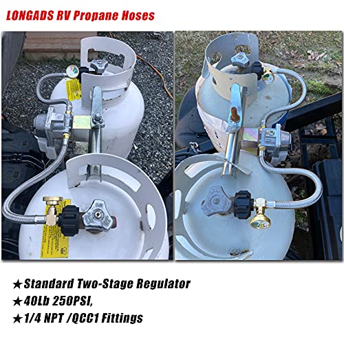 LONGADS خراطيم بروبان RV مع مقياس (عبوات من 2)، خراطيم خزان من الفولاذ المقاوم للصدأ بطول 20 بوصة، موصل خراطيم غاز LP RV للمنظم القياسي ذو المرحلتين، 40Lb 250PSI، تركيبات 1/4 NPT /QCC1 - Image 4