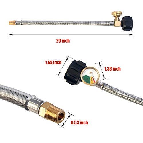 LONGADS خراطيم بروبان RV مع مقياس (عبوات من 2)، خراطيم خزان من الفولاذ المقاوم للصدأ بطول 20 بوصة، موصل خراطيم غاز LP RV للمنظم القياسي ذو المرحلتين، 40Lb 250PSI، تركيبات 1/4 NPT /QCC1 - Image 2