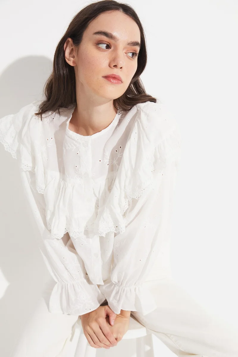 JUNE Women's 100% Cotton Crew Neck Flounce Detailed Embroidered Woven Blouse