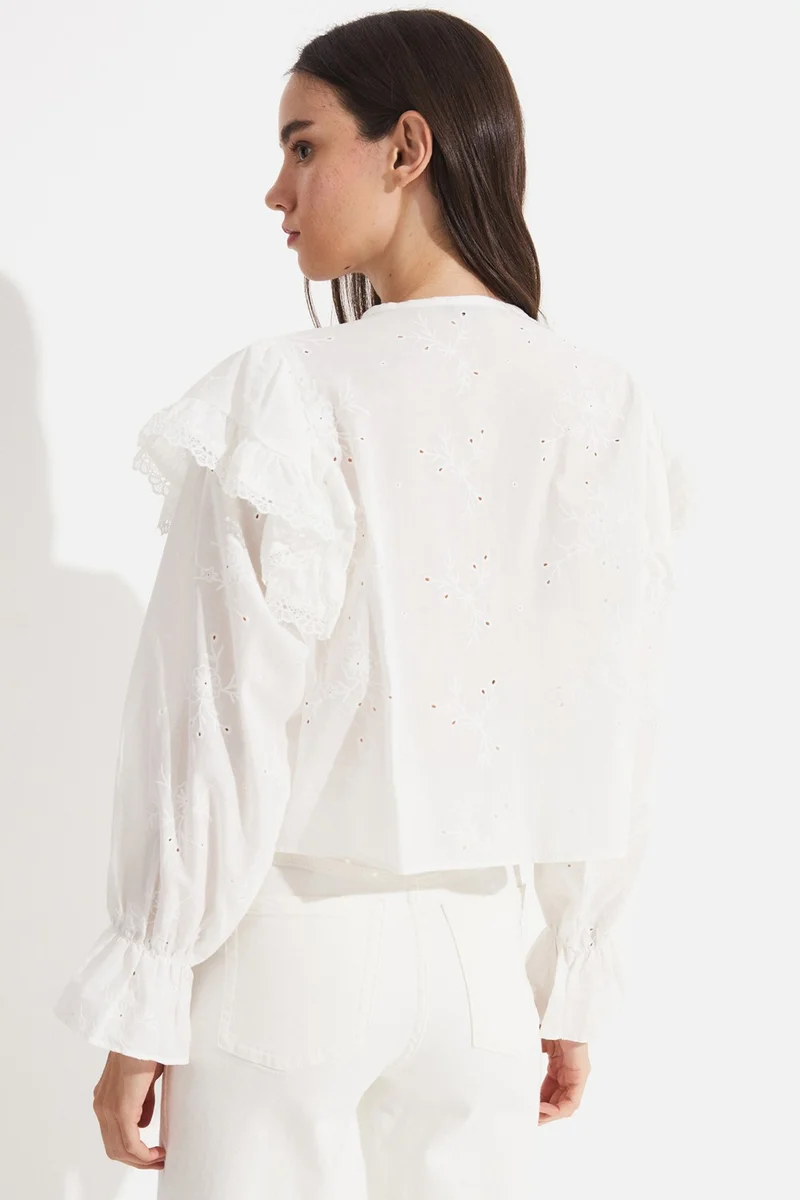 JUNE Women's 100% Cotton Crew Neck Flounce Detailed Embroidered Woven Blouse