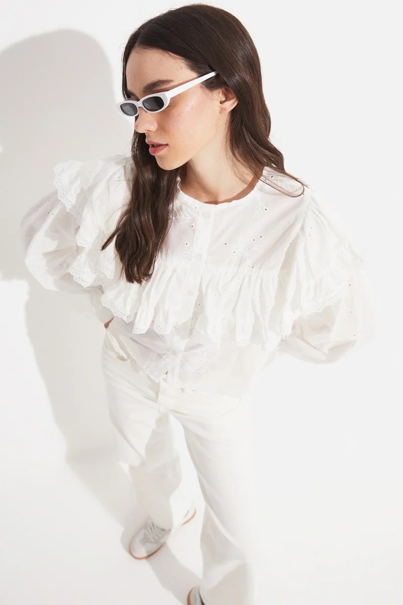 JUNE Women's 100% Cotton Crew Neck Flounce Detailed Embroidered Woven Blouse