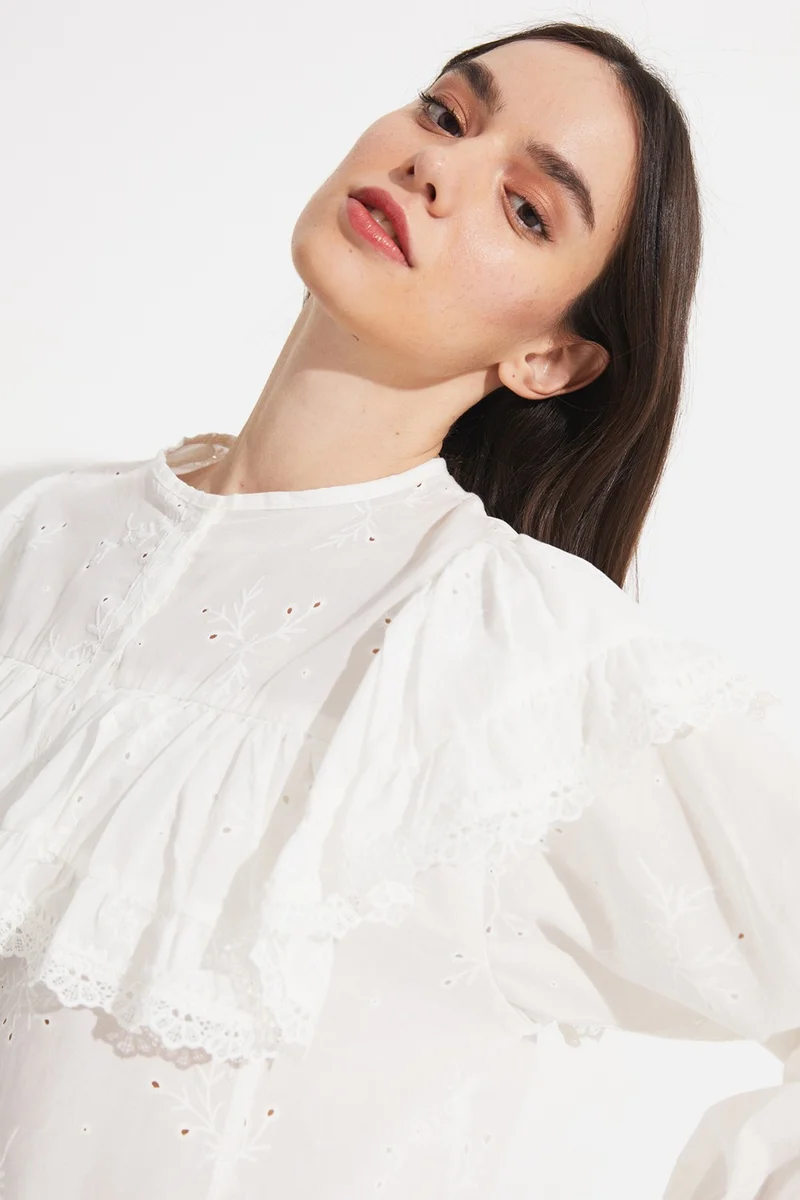 JUNE Women's 100% Cotton Crew Neck Flounce Detailed Embroidered Woven Blouse