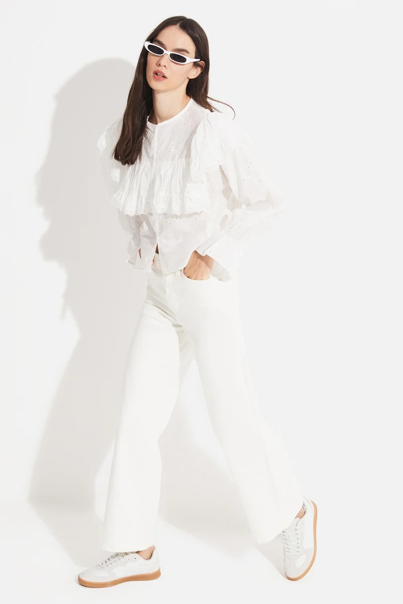 JUNE Women's 100% Cotton Crew Neck Flounce Detailed Embroidered Woven Blouse