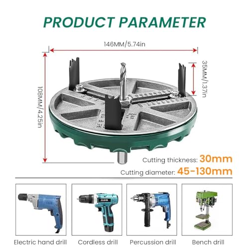 VENEKETY Adjustable Hole Saw 1.7-5.1 Inch, Universal Fit For Electric Drills, Includes 3 Alloy Blades, IPunch Saw for Woodworking Drill Cutter 45-130mm Diameter Hole Opening Cutting Depth 30mm - Image 3