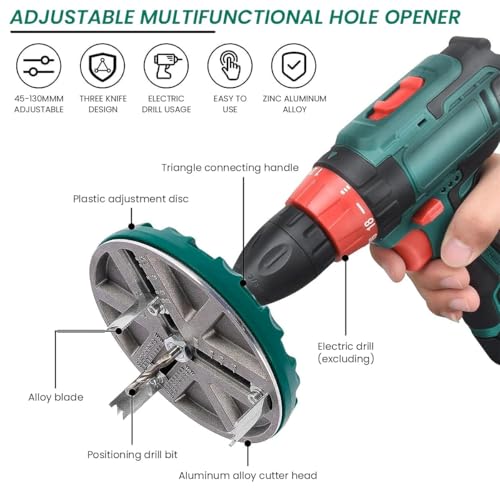VENEKETY Adjustable Hole Saw 1.7-5.1 Inch, Universal Fit For Electric Drills, Includes 3 Alloy Blades, IPunch Saw for Woodworking Drill Cutter 45-130mm Diameter Hole Opening Cutting Depth 30mm - Image 2