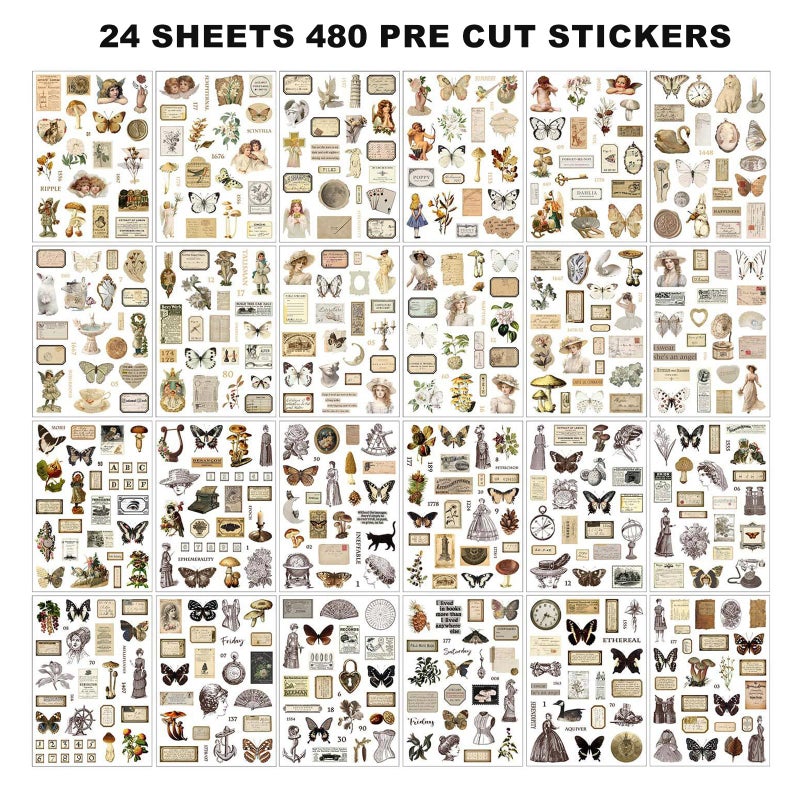 Auguro Vintage Ephemera Sticker 24 Sheets 480 precut washi Stickers Paper Journal Stickers for Adults Junk Journal Sticker Book Scrapbooking Supplies - Image 3