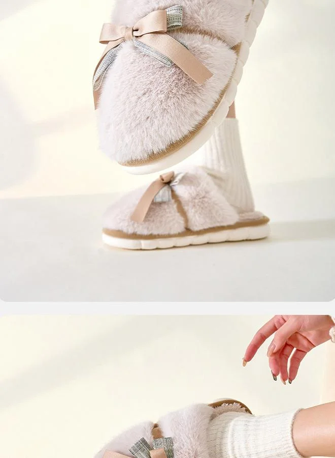 Take Two  Grey Furry Bedroom Slippers with Bow for Women | Best Price UAE