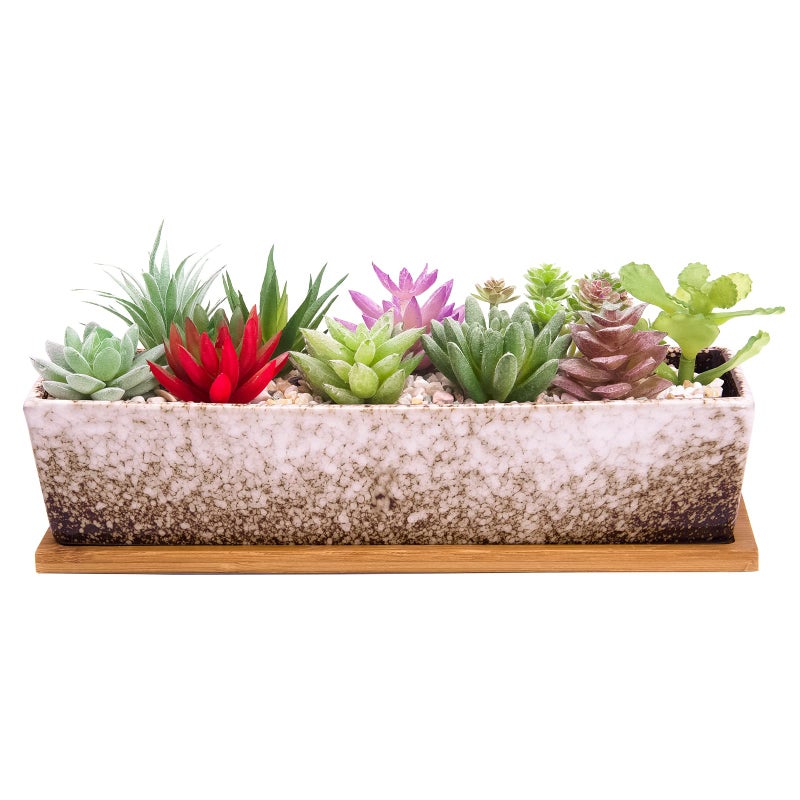 ARTKETTY Succulent Pots Large Succulent Planter Pots with Drainage 12 Inch Long Rectangle Bonsai Pot with Bamboo Tray Shallow Ceramic Cactus Flower Planter Window Box for Home Garden Decor White