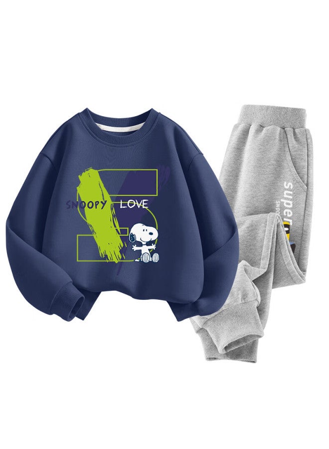 Snoopy Kids Clothing Children's Set Boys And Girls Sweatshirt And Sweatpants 2-piece Set Spring And Autumn New Navy Blue Letter + Gray Snoopy 120