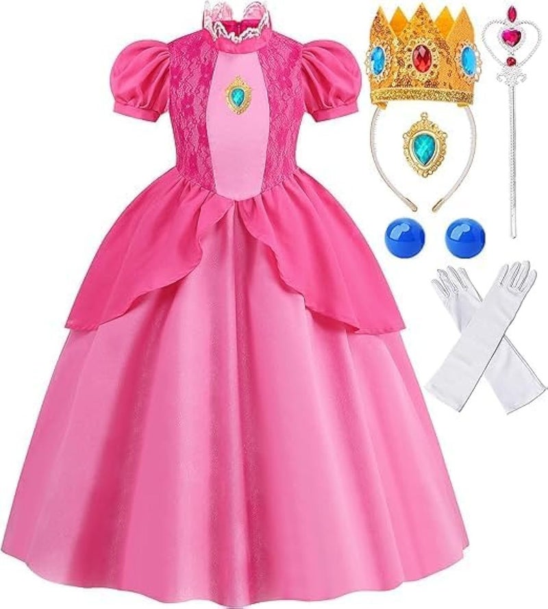 Princess Peach Costume Girls - Complete with Crown, Wand Earrings & Gloves - Halloween Costumes for Children