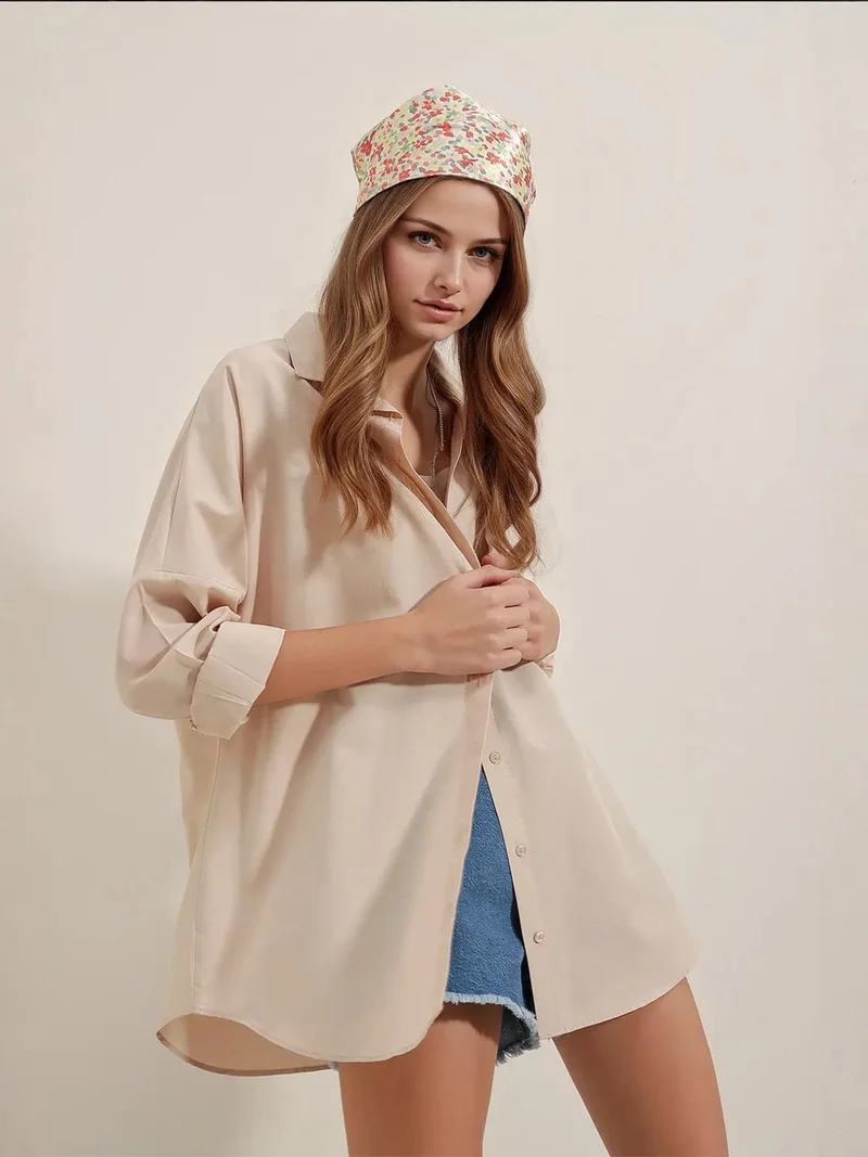 Big Dart Cream Natural BDART Oversized Patterned Poplin Shirt With Button Closure for Women | Best Price UAE