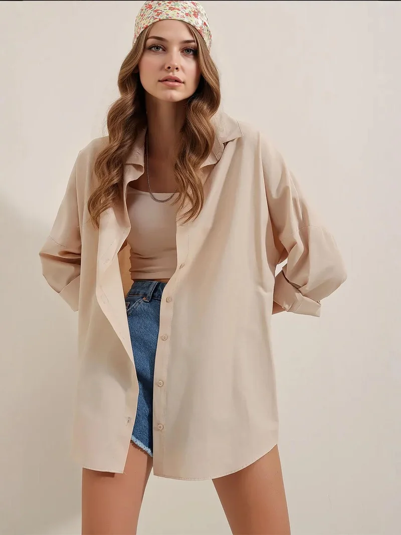 BDART Oversized Patterned Poplin Shirt With Button Closure