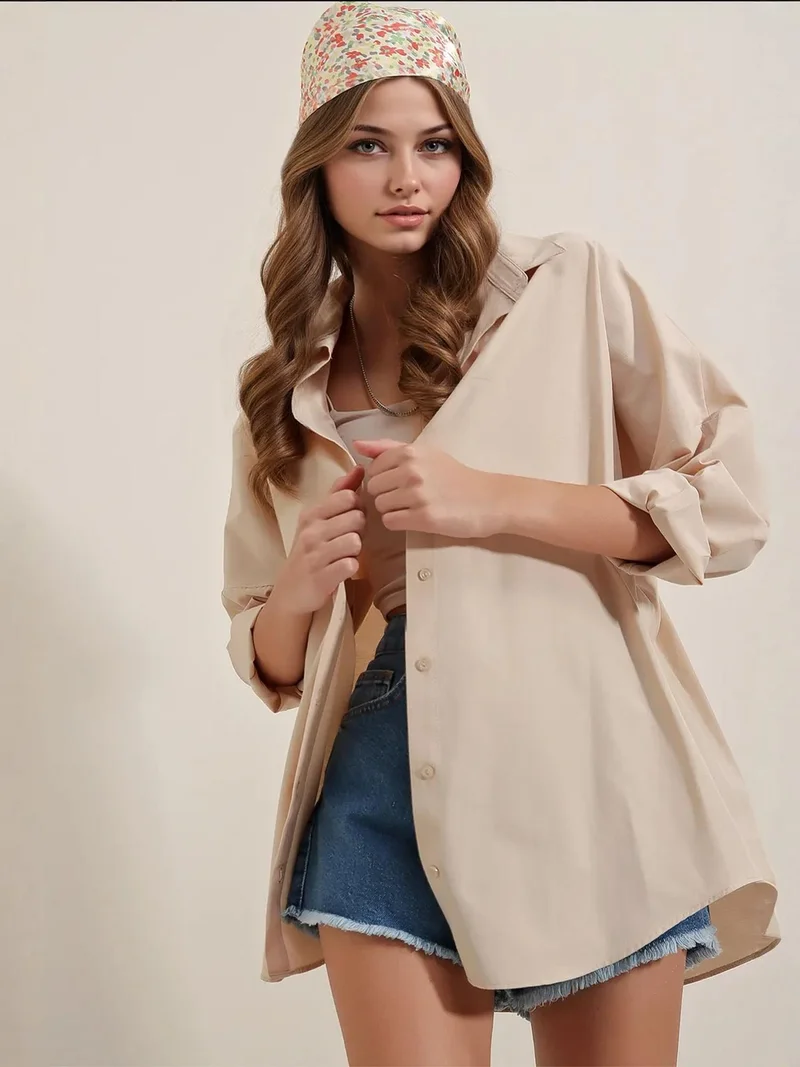 Big Dart Cream Natural BDART Oversized Patterned Poplin Shirt With Button Closure for Women | Best Price UAE