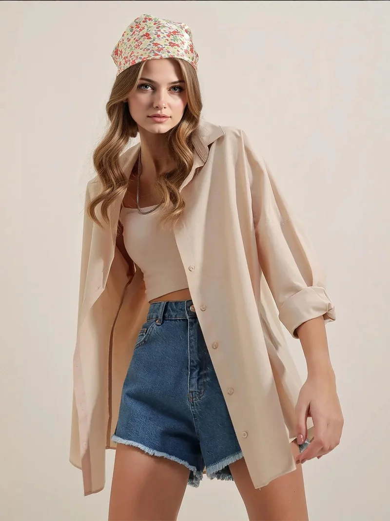 Big Dart Cream Natural BDART Oversized Patterned Poplin Shirt With Button Closure for Women | Best Price UAE