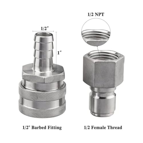 FERRODAY Stainless Steel Quick Disconnect Set 1/2 NPT Female Disconnect 1/2" Barb Brewing Quick Disconnect For Wort Pumps for Wort Chiller Connectors for Ball Valve Hose Fitting & O-rings-2 Pair - Image 3