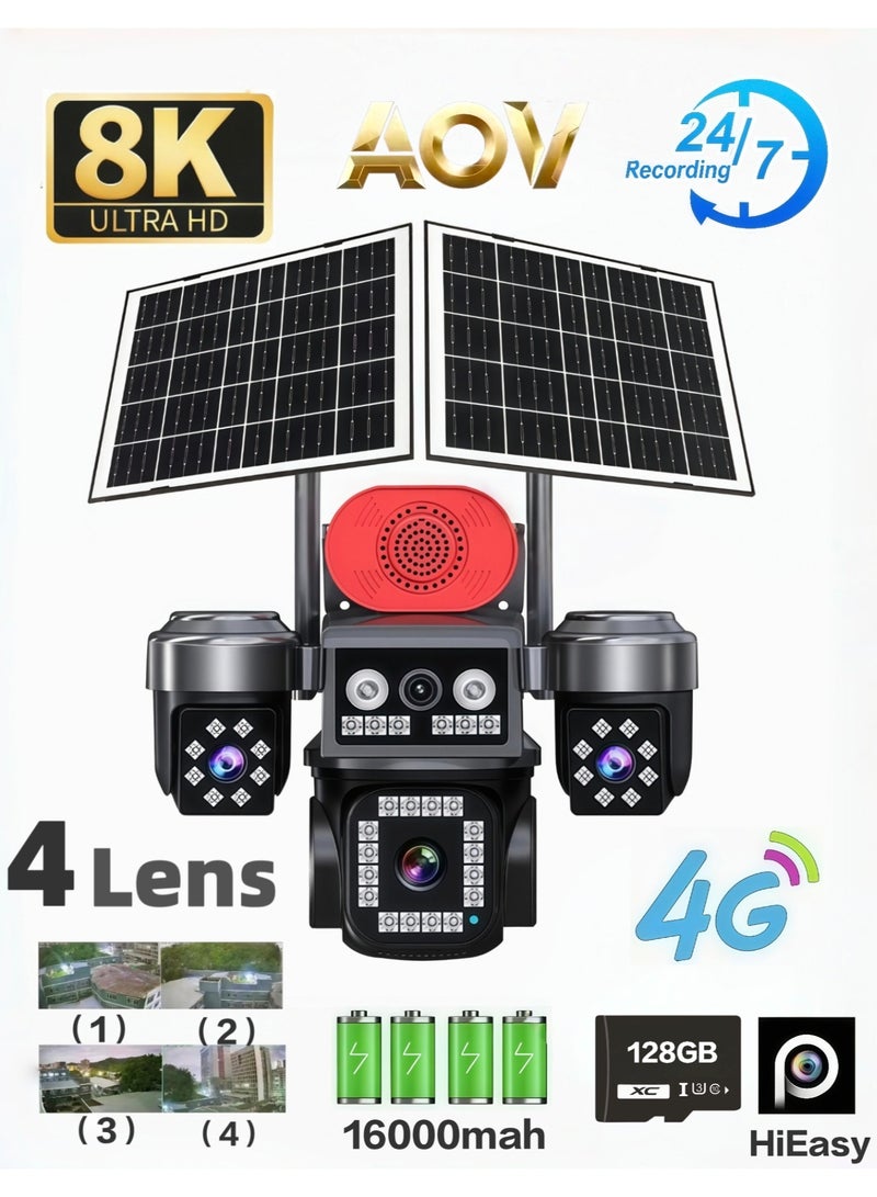 كاميرا أمن شمسية بدقة 20 ميجابكسل و 8K، تدعم 4G، نوع AOV، بعدسات أربع (ثلاثية)، تعرض لك أربع مناظر في نفس الوقت، دوران PTZ كامل 360 درجة، رؤية ليلية ملونة متكاملة، للاستخدام الخارجي، فيها حساس PIR لاكتشاف الحركة والبشر. فيها 4 عدسات توريك 4 مشاهد، كشف حركة، إنذار صوتي وضوئي، اتصال ثنائي الاتجاه - تغطي كل شيء! (معها كارت ذاكرة 128 جيجابايت) - Image 1