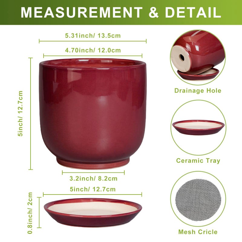 SUNPOTFOR Ceramic Plant Pot - 5 Inch Modern Round Planter for Indoor Plants with Drainage Hole and Saucer, Patio Office House Room Bathroom Decor, Red - Image 3