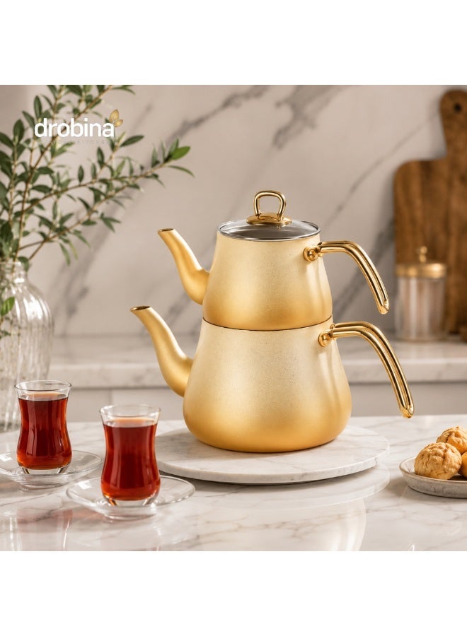 دروبينا طقم إبريق شاي تركي مزدوج من دروبينا بغطاء زجاج – كريم و ذهبي مطفي L - Image 1