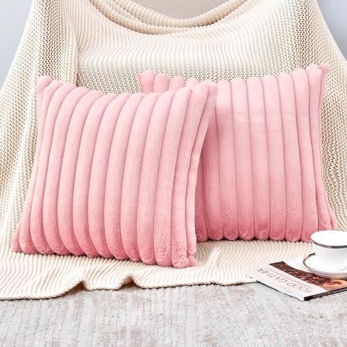GriNeed Throw Pillow Covers Decorative Faux Fur Set of 2 18x18 Inch Pillow Covers Soft Pink Striped Pillowcases for Couch Sofa Bed Living Room Fluffy Cute Home Boho Accent Fuzzy Decor - Image 3