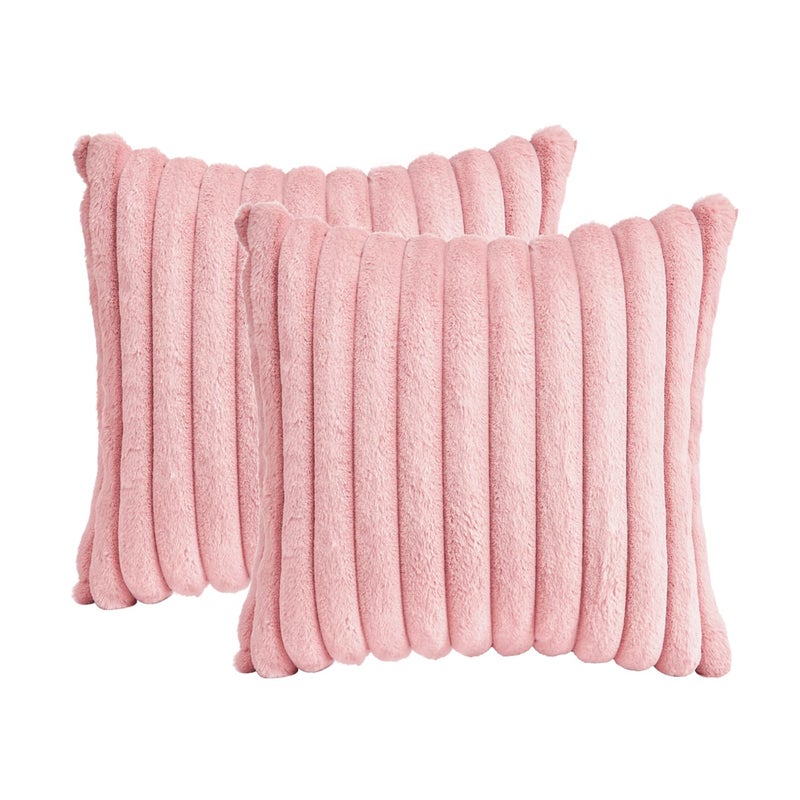 GriNeed Throw Pillow Covers Decorative Faux Fur Set of 2 18x18 Inch Pillow Covers Soft Pink Striped Pillowcases for Couch Sofa Bed Living Room Fluffy Cute Home Boho Accent Fuzzy Decor - Image 2