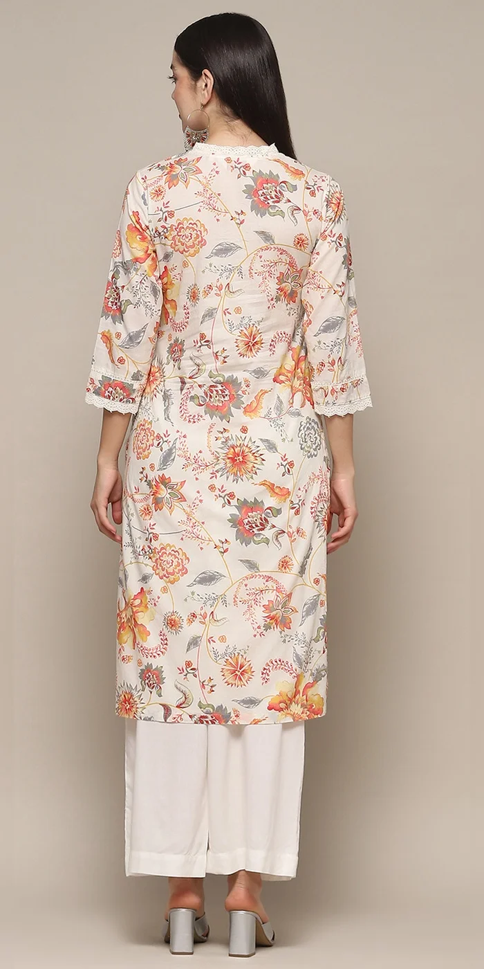 Biba  Women Off-White Cotton Floral Straight Kurta  | Best Price UAE