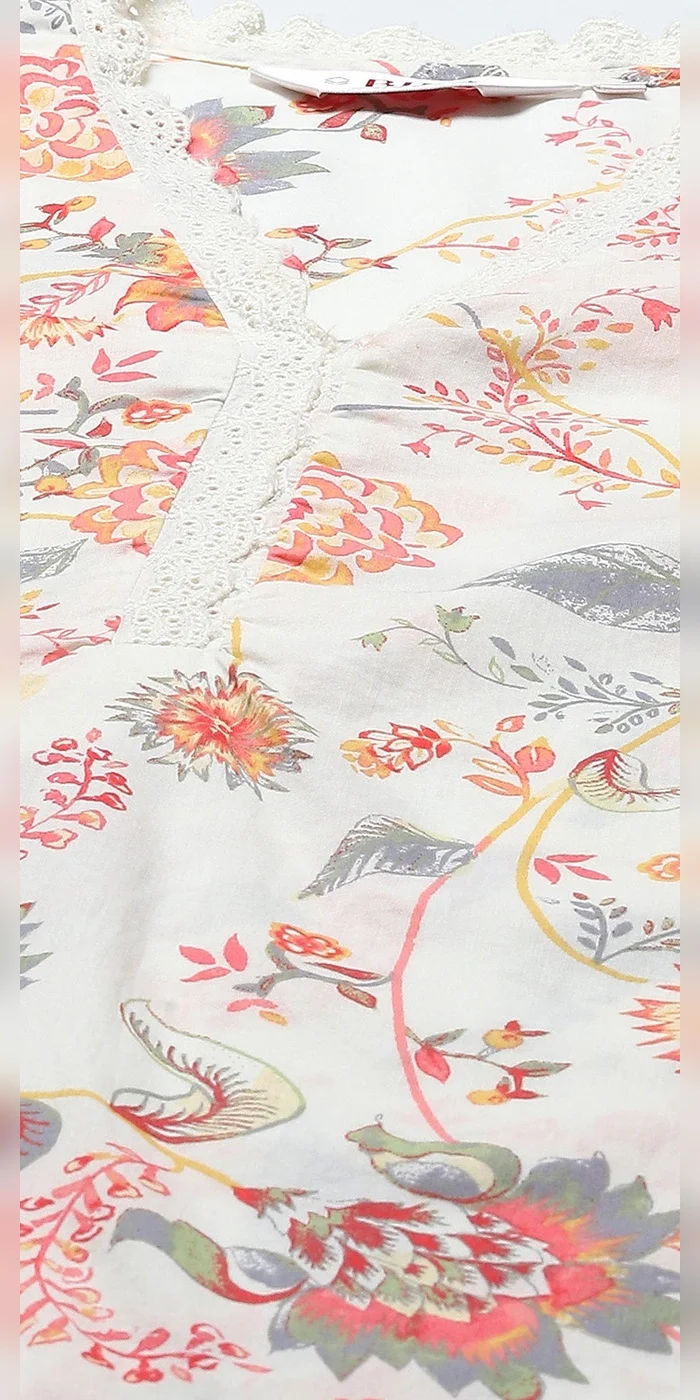 Biba  Women Off-White Cotton Floral Straight Kurta  | Best Price UAE
