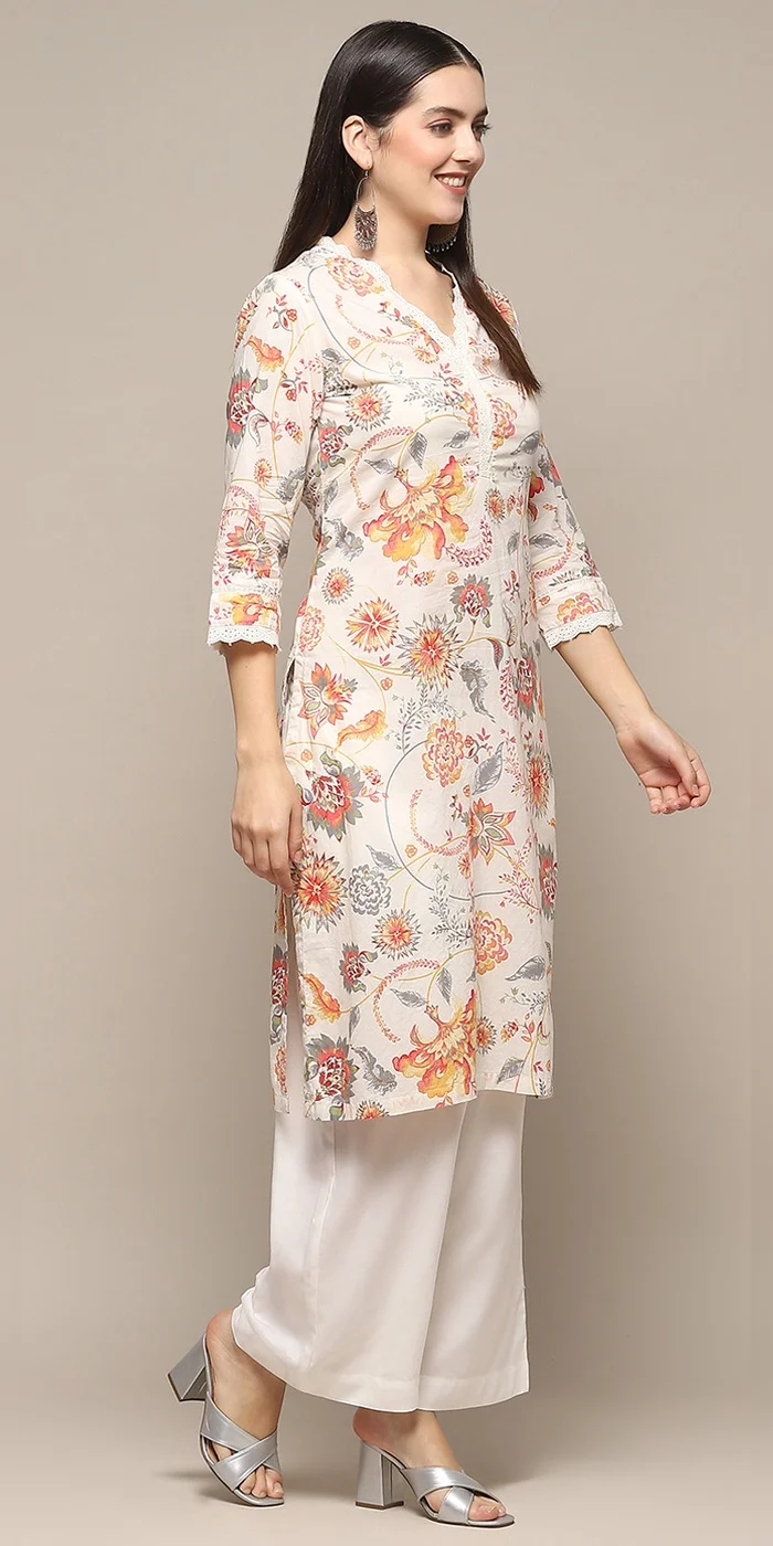Biba  Women Off-White Cotton Floral Straight Kurta  | Best Price UAE