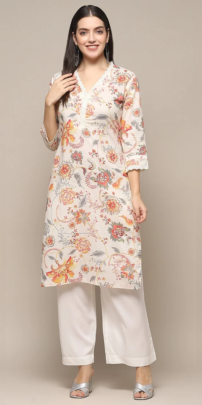 Biba  Women Off-White Cotton Floral Straight Kurta  | Best Price UAE