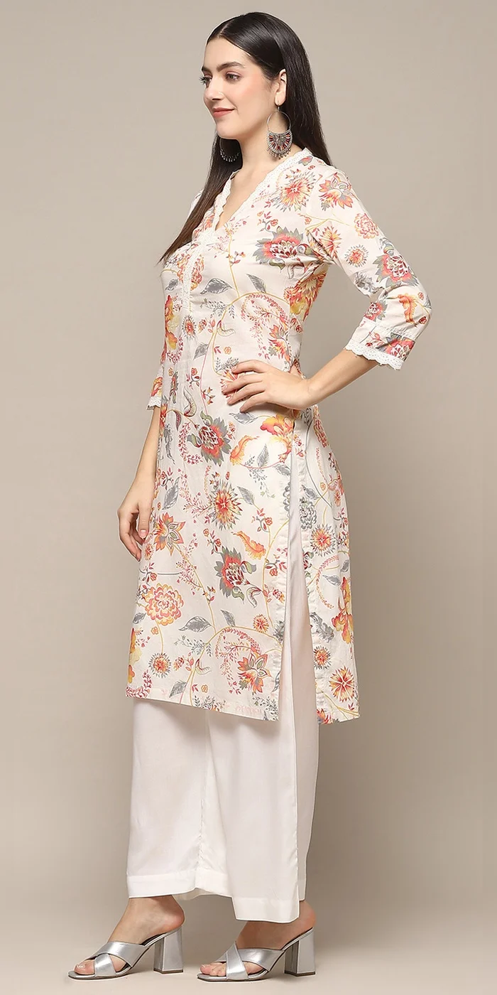 Biba  Women Off-White Cotton Floral Straight Kurta  | Best Price UAE