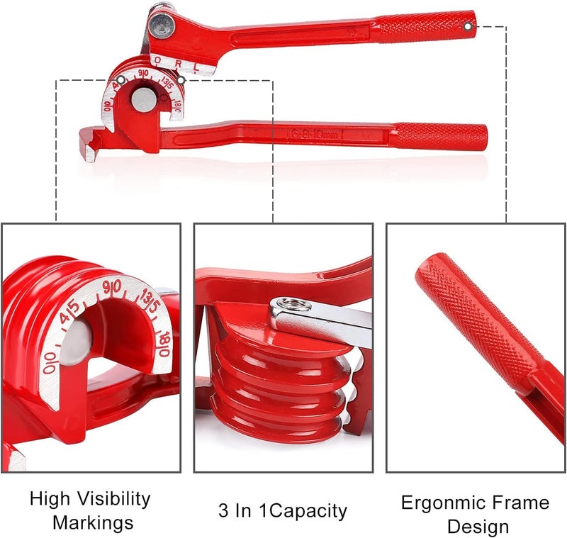 UPTODATETOOLS 3in1 Tube Bender Brake Line Bending Tool For 6810mm Tubes Stainless Steel Red 180 Degree Tubing Bender - Image 2