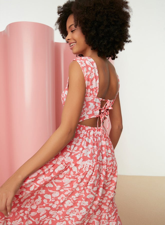 trendyol Red Skater/Belt Opening Back Detail Floral Print Midi Woven Dress - Image 1