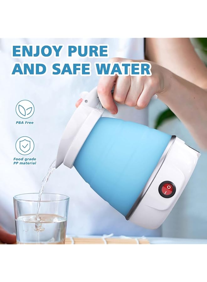 Foldable Portable Electric Kettle, Travel Folding Fast Boiling Small Electric Kettle， Food Grade Silicone 110V-220V 600ML for Travel & Camping and Home & Office Use (Blue)