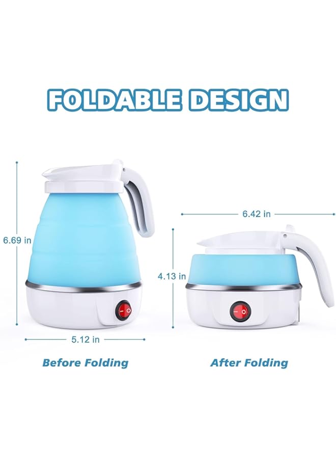 Foldable Portable Electric Kettle, Travel Folding Fast Boiling Small Electric Kettle， Food Grade Silicone 110V-220V 600ML for Travel & Camping and Home & Office Use (Blue)