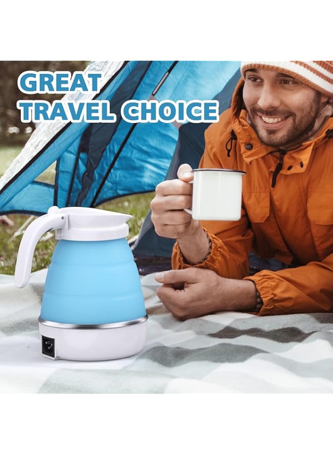 Foldable Portable Electric Kettle, Travel Folding Fast Boiling Small Electric Kettle， Food Grade Silicone 110V-220V 600ML for Travel & Camping and Home & Office Use (Blue)