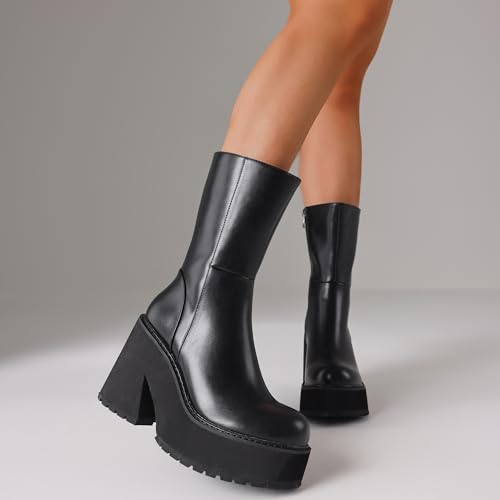 AMINUGAL Womens Wedge Heel Ankle Boots Platform Zipper Punk Motorcycle Booties Chunky Block High Heel Round Toe Fashion Work Combat Boots Mid Calf For Women - Image 3