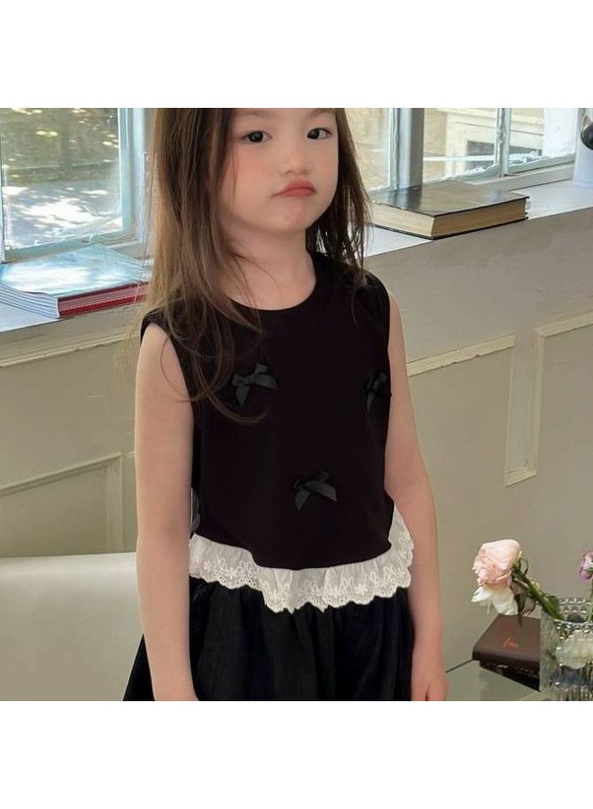 Girl's Sweet Style Sleeveless All-match Vest Summer New Children's Bow Lace Stylish Baby's Single Top