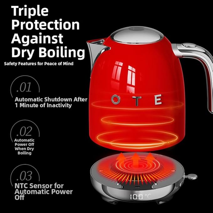 أو تي إي غلاية طراز رجعي من خمسينيات القرن الماضي، سعة 800 مل، سعة 5090 درجة مئوية، ذكية تحافظ على دافئة الذكية، قاعدة دوارة، أقدام مقاومة للانزلاق، غطاء ناعم الفتح، الفولاذ المقاوم للصدأ، أوتوماتيكي أوتار ريد، إيقاف - Image 3