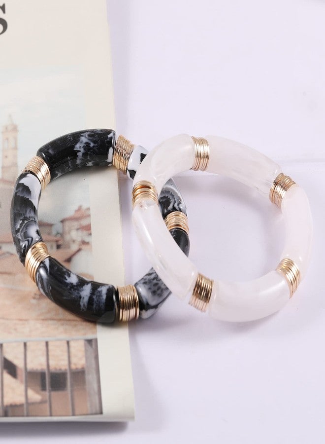 PIPITREE Bamboo Tube Bangles Bracelet For Women ，Chunky Curved Stacking Clear Acrylic Colorful Beads Stretchable Gold Bracelets Friendship Summer Beach Jewelry - Image 4