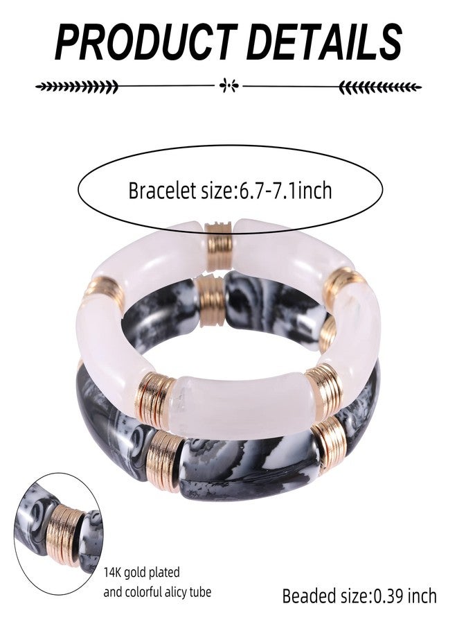 PIPITREE Bamboo Tube Bangles Bracelet For Women ，Chunky Curved Stacking Clear Acrylic Colorful Beads Stretchable Gold Bracelets Friendship Summer Beach Jewelry - Image 2