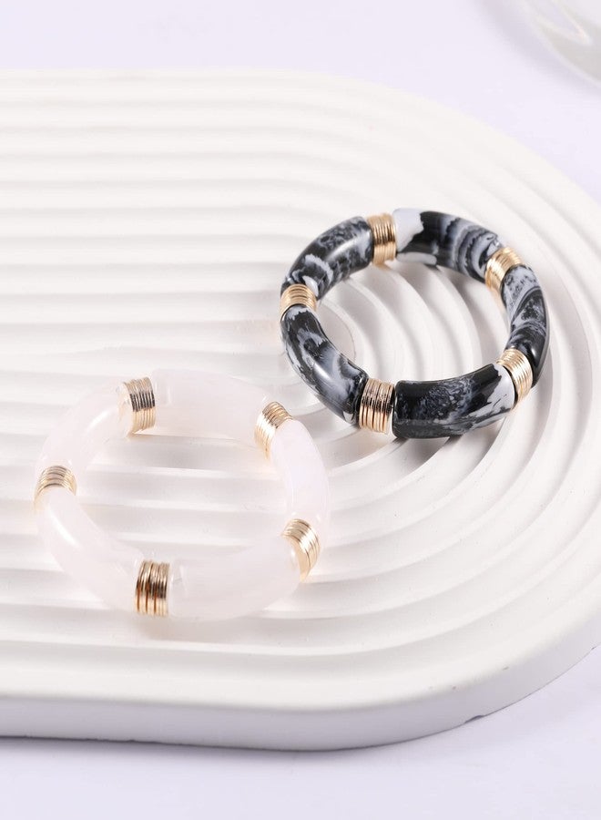 PIPITREE Bamboo Tube Bangles Bracelet For Women ，Chunky Curved Stacking Clear Acrylic Colorful Beads Stretchable Gold Bracelets Friendship Summer Beach Jewelry - Image 5