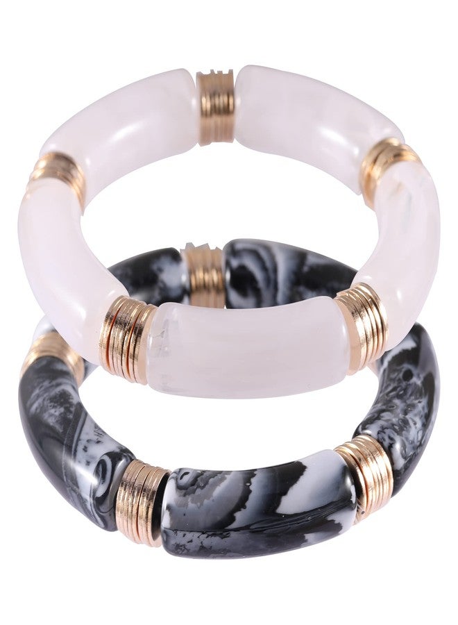 PIPITREE Bamboo Tube Bangles Bracelet For Women ，Chunky Curved Stacking Clear Acrylic Colorful Beads Stretchable Gold Bracelets Friendship Summer Beach Jewelry - Image 1