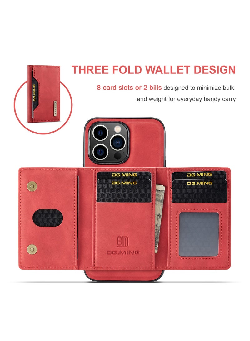 Wallet Case Compatible with iPhone 14 Pro Max DG-MING Premium Leather Phone Case Back Cover Magnetic Detachable with Trifold Wallet Card Holder Pocket for iPhone 14 Pro Max (Red)